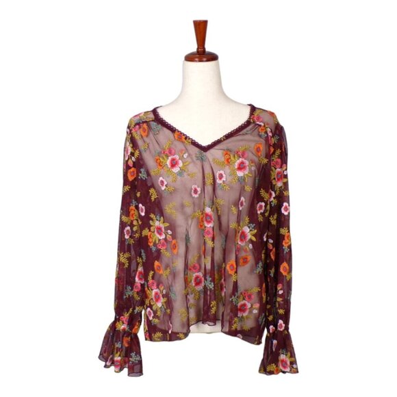 Anthropologie Feather & Bone Floral Embroidered Sheer Mesh Blouse Size M #984 - Picture 1 of 4